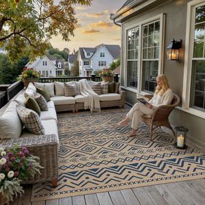 PureCozy 8x10 Blue Easy Jute Outdoor Rug Boho Farmhouse Carpet