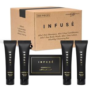 Infuse Black Hotel Soaps and Toiletries Bulk Set |1-Shoppe All-In-Kit Amenities for Hotels & Airbnb | oz Hotel Shampoo & Conditioner, Body Wash, Lotion & 1.25 oz Cleansing Bar Travel Size |300 Pieces