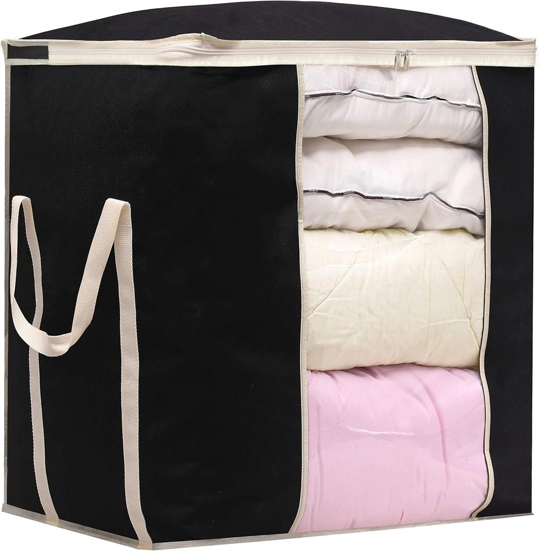 MISSLO King Comforters Storage Bag 120L for Blankets Clothes Sweaters Beddings Organizer with Reinfored Handles Non-Metal Fabric Storage Bin Organizer, Black