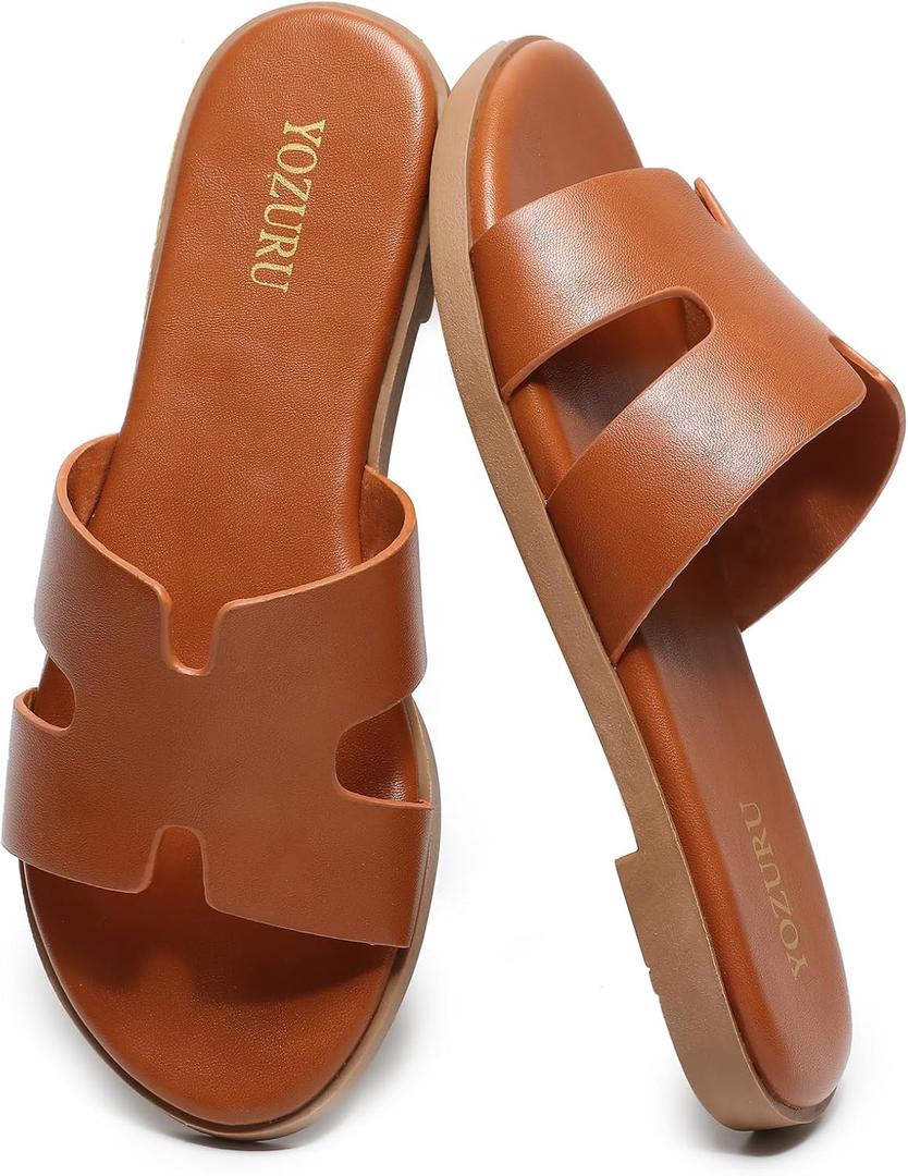 Yozuru Womens Flat Sandals Open Toe Dressy Summer Sandals Comfortable Casual Slip on Leather Slides Sandals for women, 7, Brown