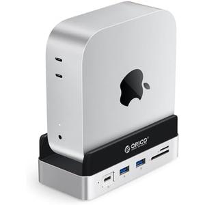 ORICO MiniDock and Stand Compatibility with Mac mini M4, 10-in-1 Aluminum Hub with M.2 SSD Enclosure, 10Gbps USB-C & USB-A, 4K HDMI, Gigabit Ethernet, SD/TF Card Readers