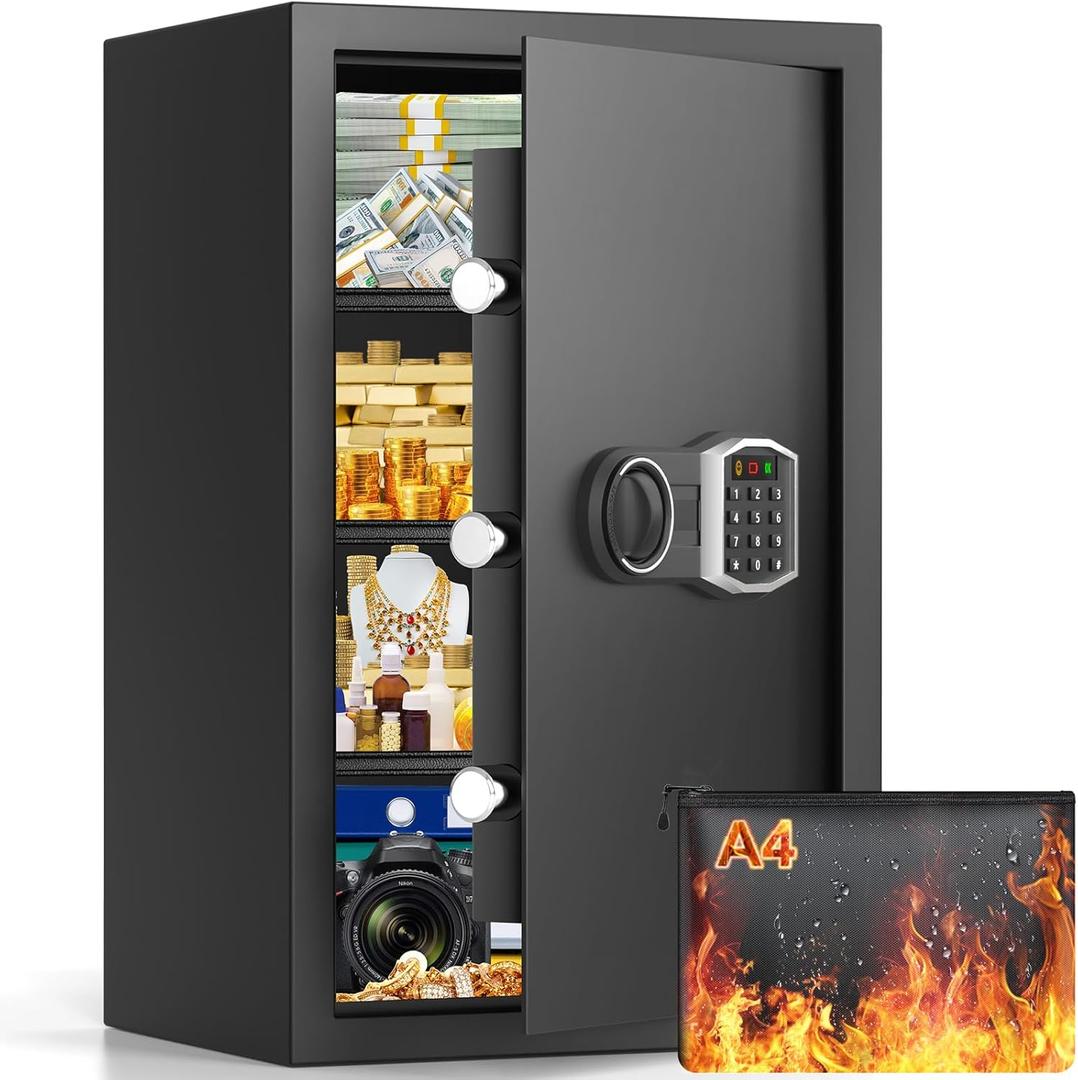 4.0 Cubic Large Home Safe Fireproof Waterproof, Alloy Steel Fireproof Safe Box with Fireproof Bag, 2 Spare Keys and 3 Removable Shelves, Anti-theft Fire Safes for Home Money Documents Valuables