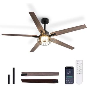 Ceiling Fans with Lights, 64" Industrial Ceiling Fan with Remote/App Control, Dimmable, 6 Wind Speeds, Dual Finish Blades, Reversible Vintage Ceiling Fan for Living Room, Balcony, Farmhouse
