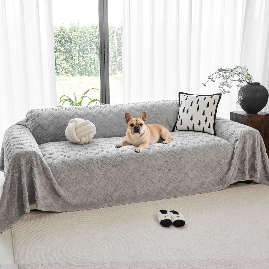 Plush Pet Couch Covers for Sofa, Boho Couch Cover for Dogs, Pet Friendly Sofa Cover- Non-Shedding, Reversible Furniture Cover, Easy to Install & Machine Washable 71"x118", Grey