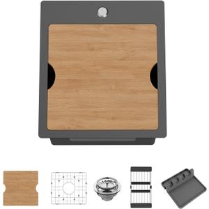 Black Kitchen Sink Workstation, 15x17 In Stainless Steel Drop In Bar Sink Modern Small Single Bowl Kitchen Sink Gift Combo-SS Grid,Colander,Cutting Board,Drain Assembly For Various Kitchen And Bar