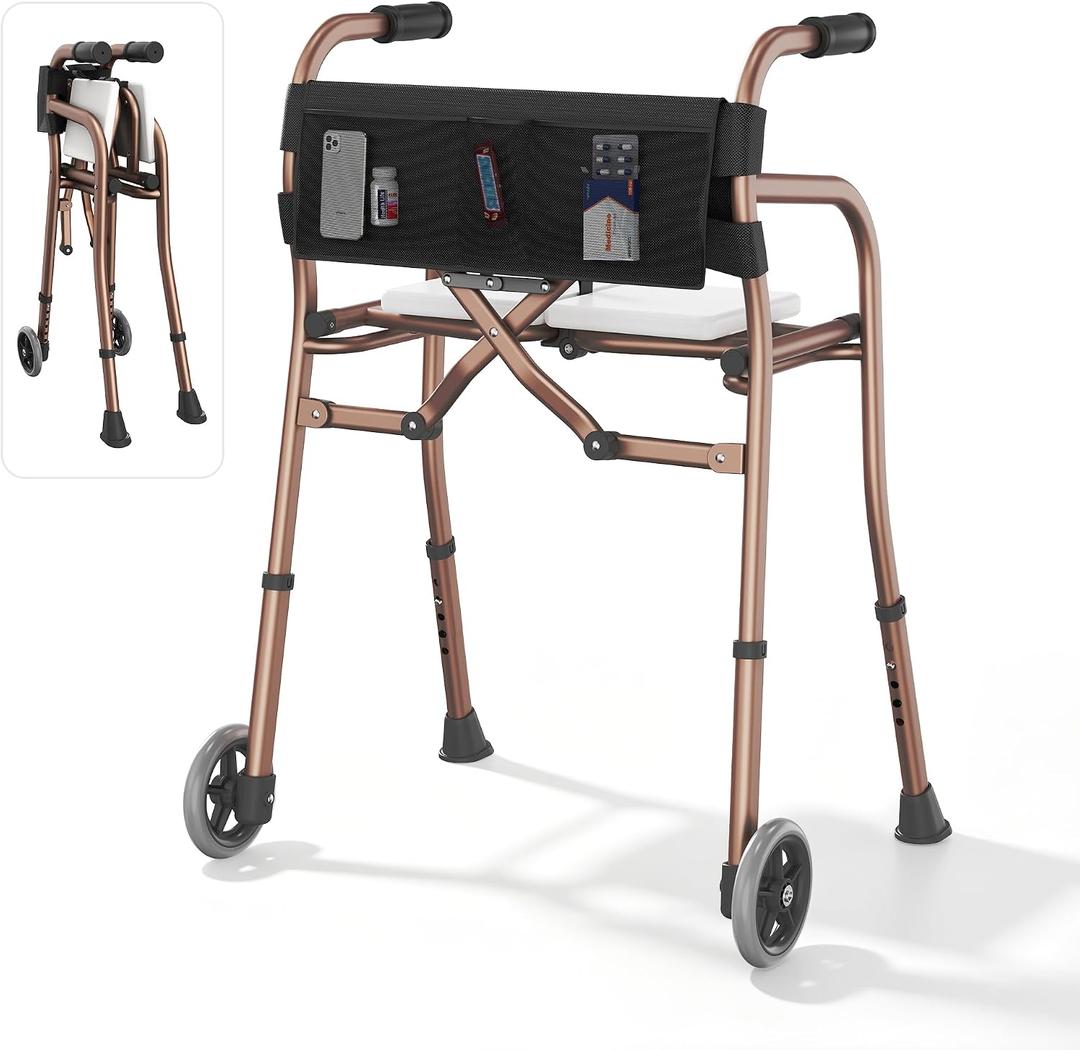 Walkers for Seniors with Seat,Front Wheel Walker Lightweight Quick Folding | Aluminum Rolling Walker with seat,Height Adjustable Standard Walker, 5"Wheels, Supports 350lbs,Compact Travel Walke (Bronze)
