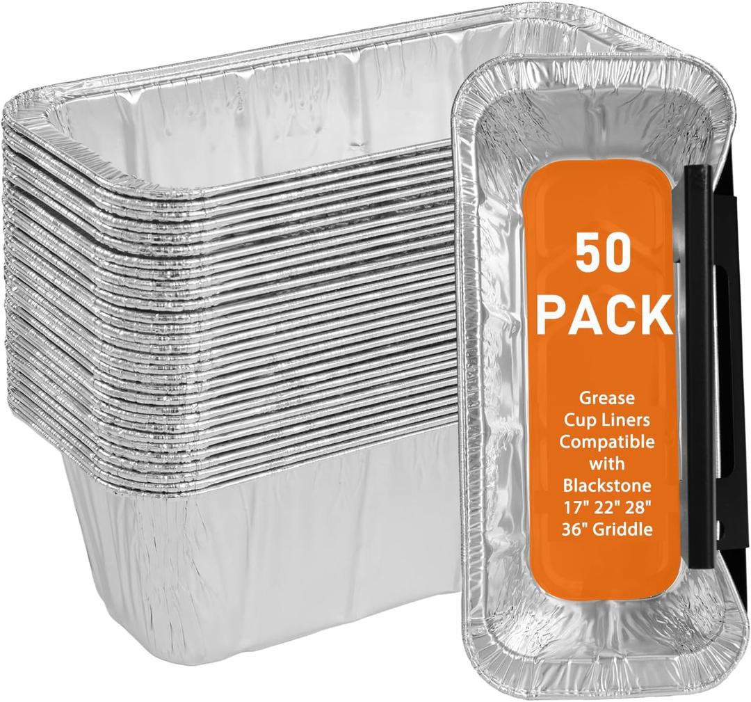 50-Pack Griddle Accessories for Blackstone - Grease Cup Liners Compatible with Blackstone 5017 Griddle, Aluminum Foil Drip Pan Disposable Grease Catcher Tray for 17, 22, 28, 36 Inch