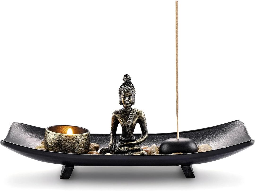 Jovivi Zen Garden Set Buddha Statue w/Tealight Candle Holder, Rocks & Incense Burner Holder & Wood Tray for Yoga Meditation Home Table Decor Gift