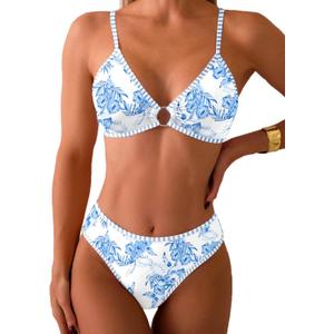 Fanuerg Women's Triangle Bikini Sets O Ring Linked Two Piece Swimsuits Floral Printed Cheeky Bathing Suit (Blue, M)