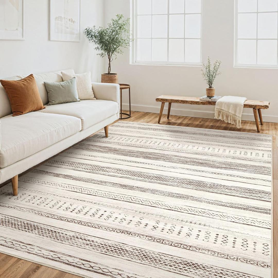 Area Rug Living Room Rugs - 5x7 Washable Large Soft Neutral Boho Moroccan Bohemian Farmhouse Rug Indoor Floor Carpet for Bedroom Under Dining Table Home Office Decor - Brown Beige