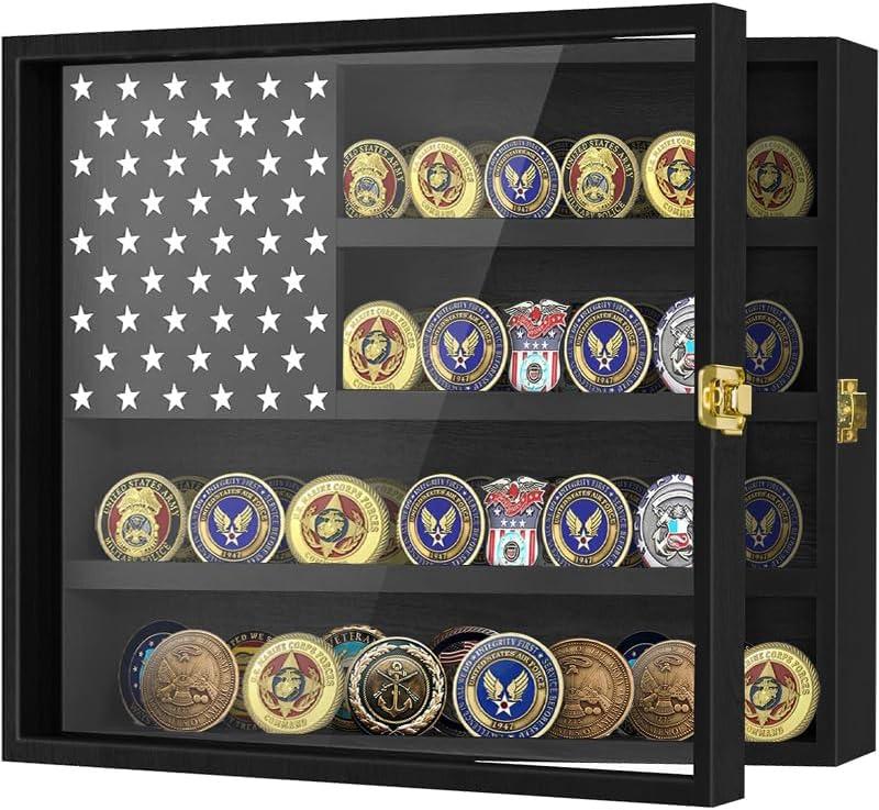 Military Challenge Coin Display Case Holder with Acrylic Cover, Wall Mount Coin Stand Rack with 2 Grooves Shelvesx, Pin Display Cabinet, 4 Rows Medal Display Case Cabinet Rack with American Flag