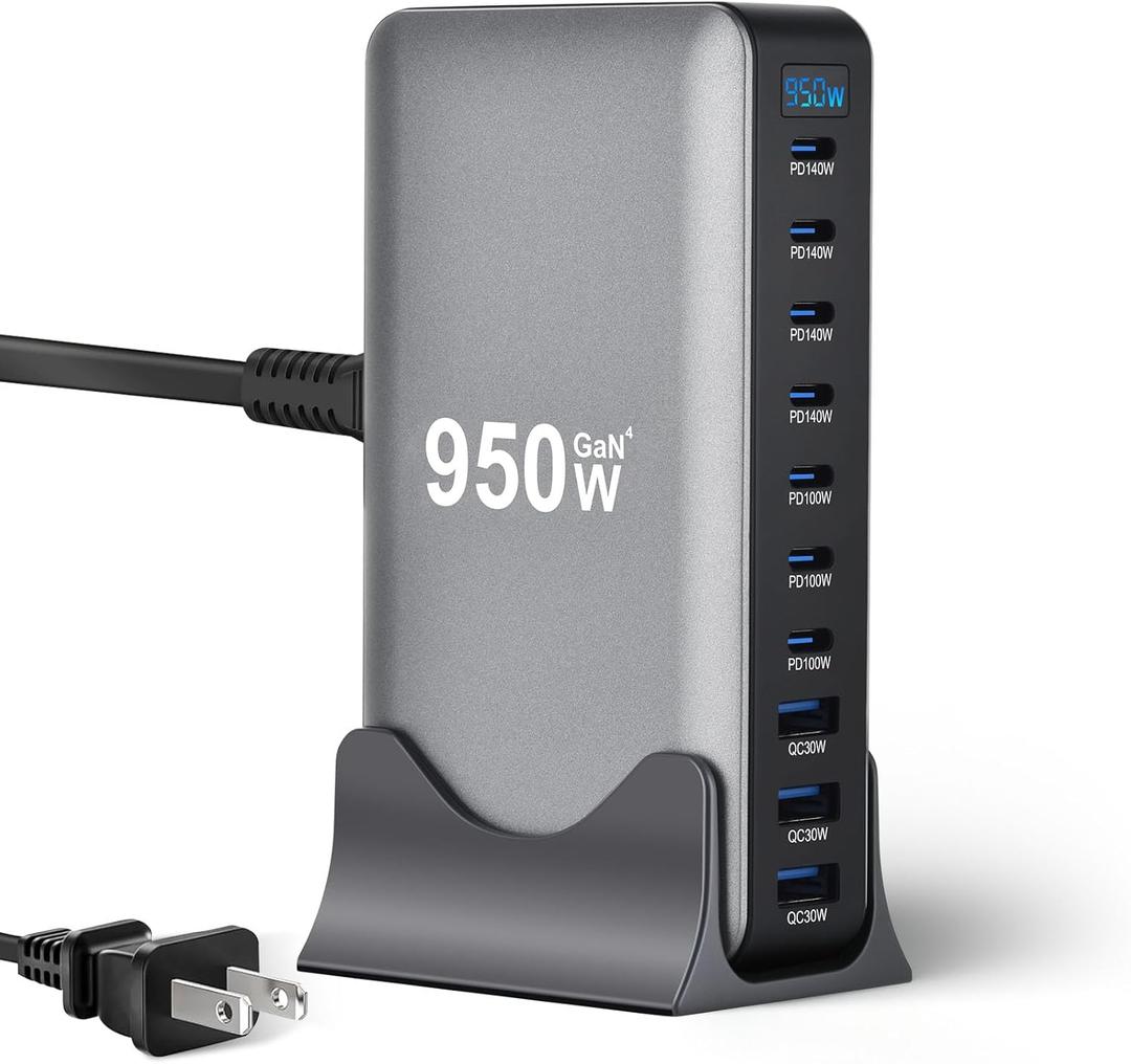 950W USB C Fast Charging Station, 10 Port GaN 4 Pro Charger Block, 140W PD PPS Port, Portable Charging Hub for Multiple Devices, Laptop Charger for iPhone, Samsung, MacBook Pro/Air, iPad (Grey)
