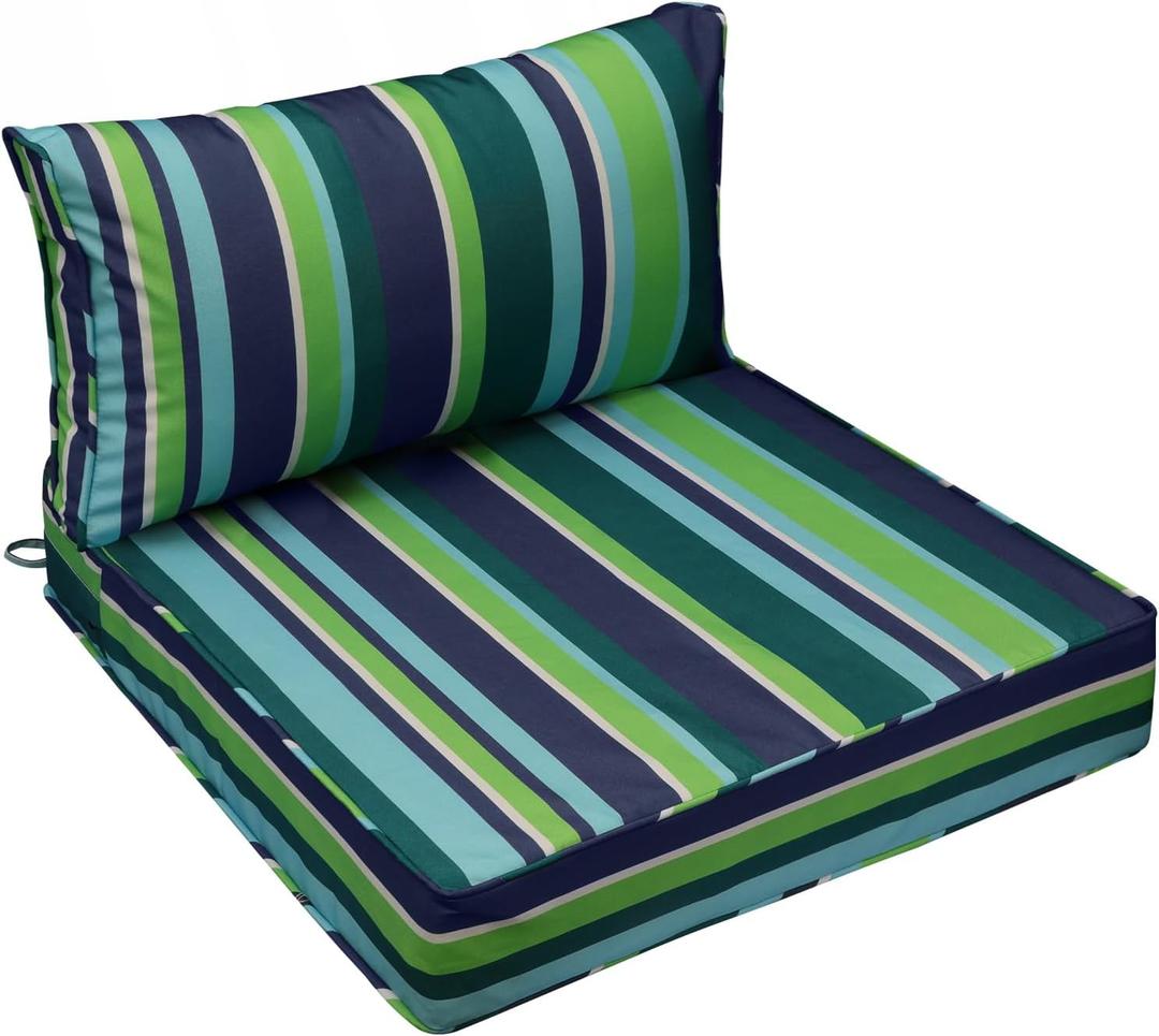 AAAAAcessories Outdoor Seat Cushions for Chairs, Fade-Resistant, Waterproof Patio Furniture Replacement Cushions, 25.5" x 25.5" x 5" + 25.5" x 13.5", Stormy Teal Coastal Stripe