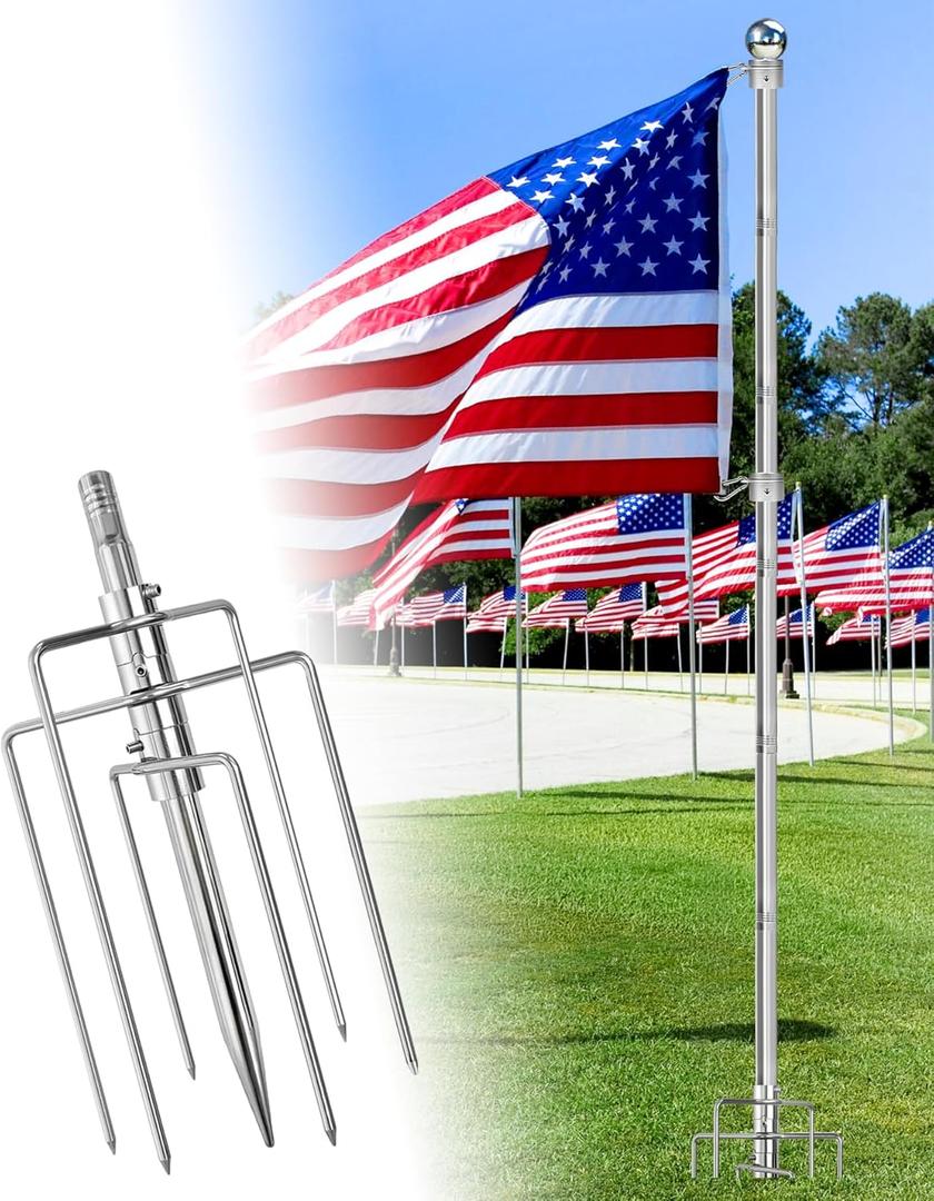 8FT In Ground Flag Pole for Outside House, Garden Flagpole with 304 Stainless Steel for Garden, Roadside, Campground, 7 Prongs Stabilizer Stand Base, Heavy Duty, Rust-Proof, Steady, Φ1 Inch (Silver)