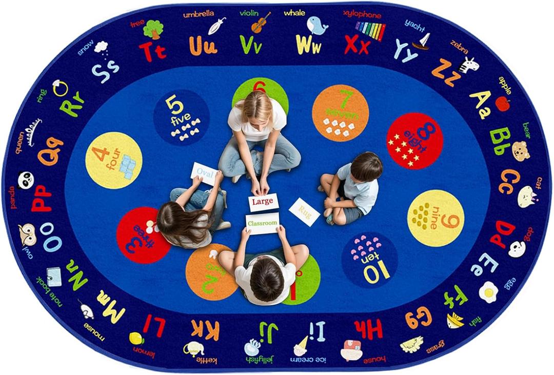 Large Oval Classroom Rug, 69Ft ABC Rugs for Kids Playroom, Education Classroom Carpet Elementary for Learning Alphabet, Numbers, Words, Area Preschool Playmat for Daycare Kindergarten