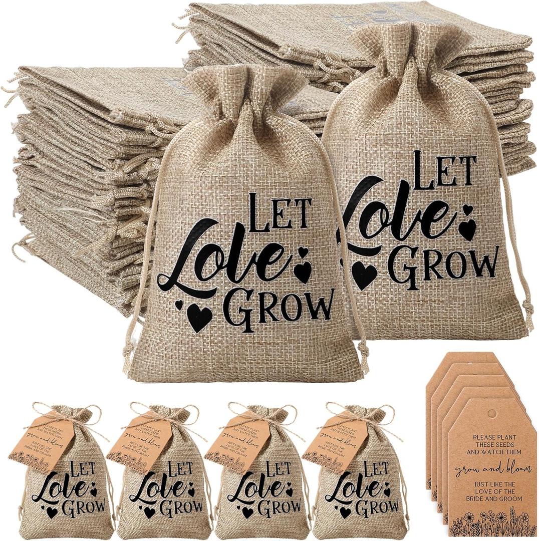 Fumete 25 Set Wedding Favors for Guests Bulk Let Love Grow Seed Packets Kraft Thank You Cards Organizer Burlap Bag and Twine for Bridal Shower Souvenirs Seed Packets Party Gift, No Seeds (Rustic)