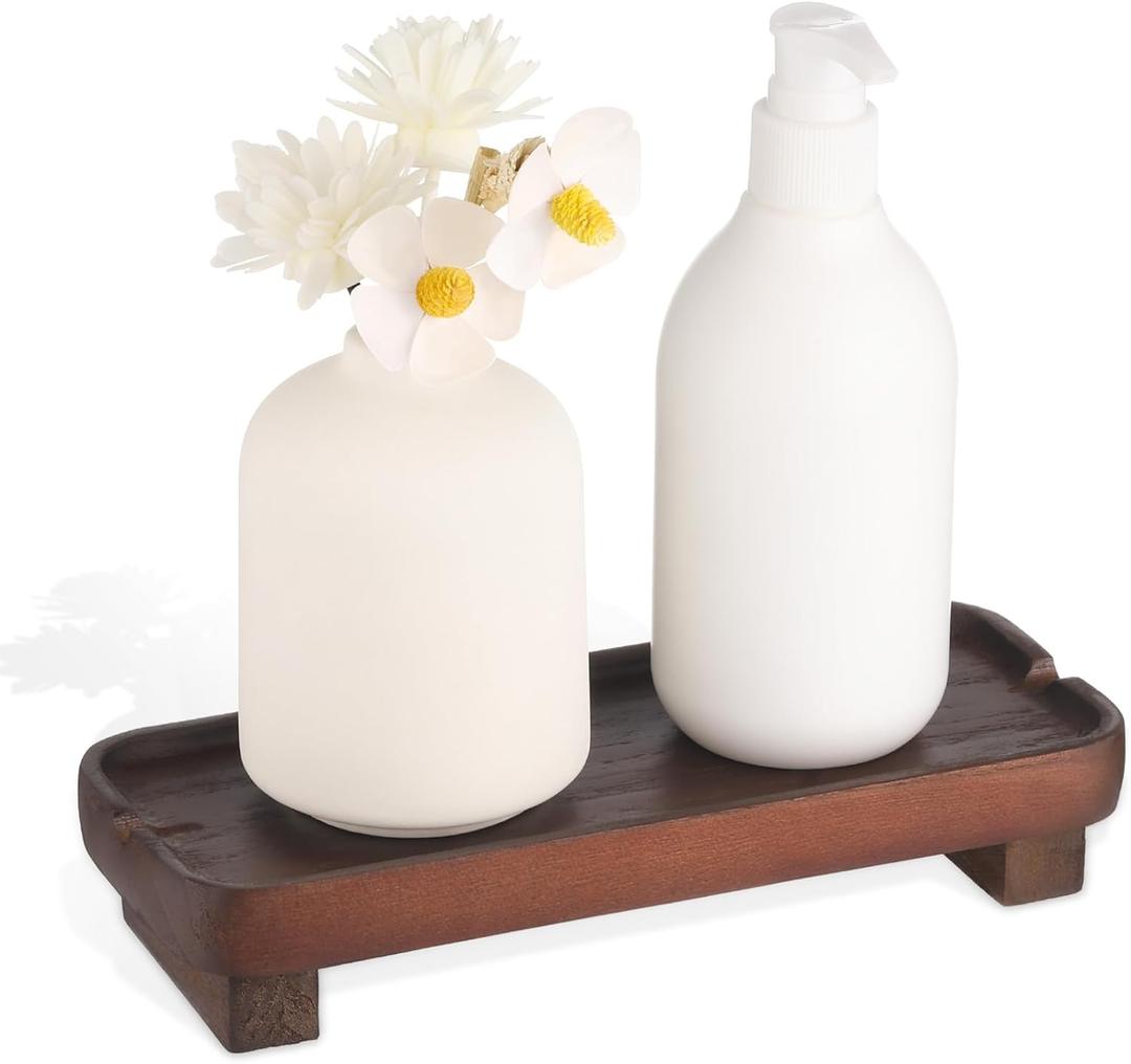 Wood Riser Small Decorative Tray Sink Soap Dish, Vanity Tray Pedestal Stand 8.7 x 3.6 inches (Dark Brown)