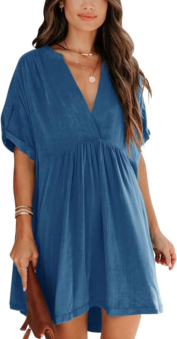 Minclouse Women's Babydoll Short Sleeve Tunic Dress V Neck Cute Casual Loose Dresses (Blue) Size Small