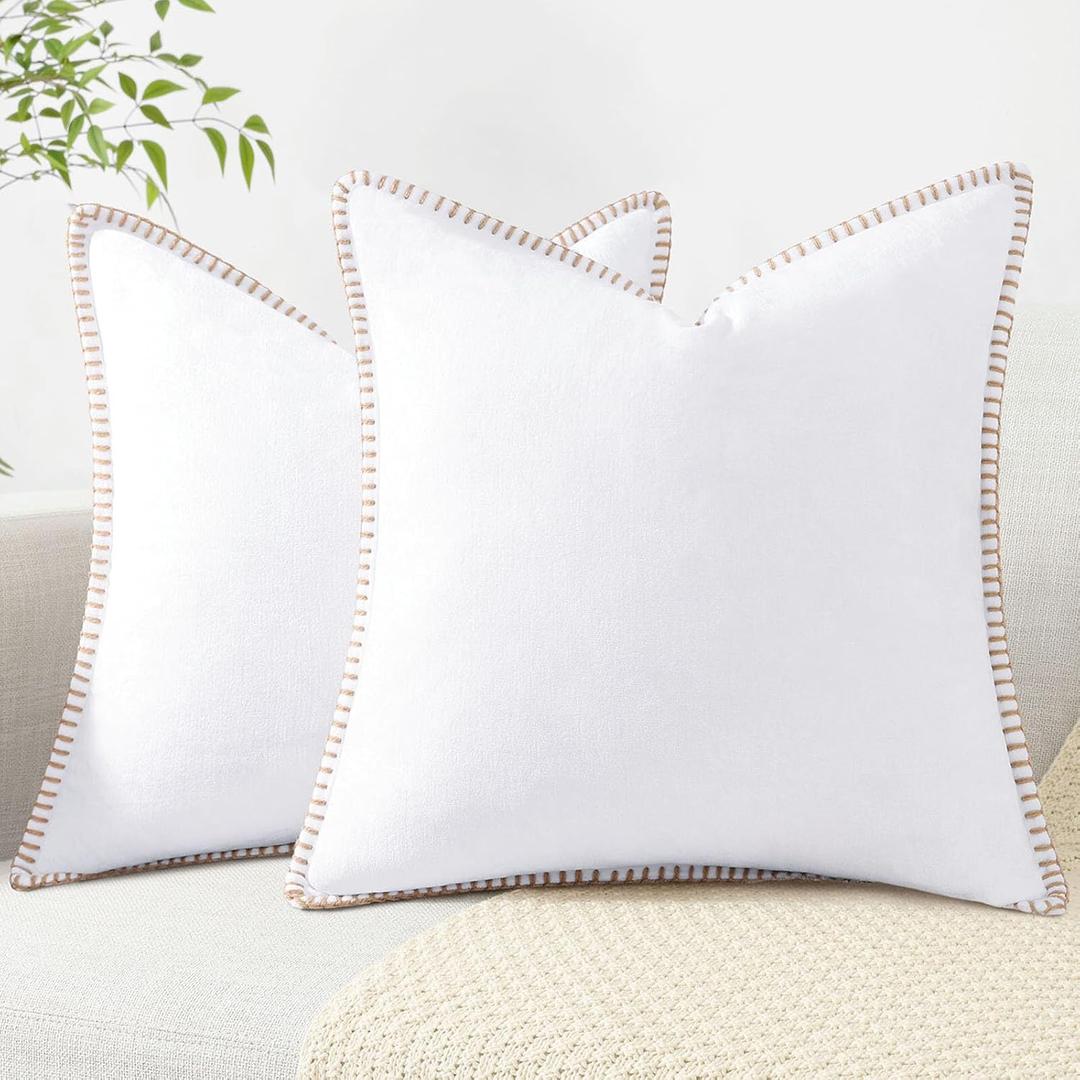 decorUhome Chenille Soft Throw Pillow Covers 18x18 Set of 2, Farmhouse Velvet Neutral Decorative Euro Pillow Covers with Stitched Edge for Couch Sofa Bed Home Decor, White