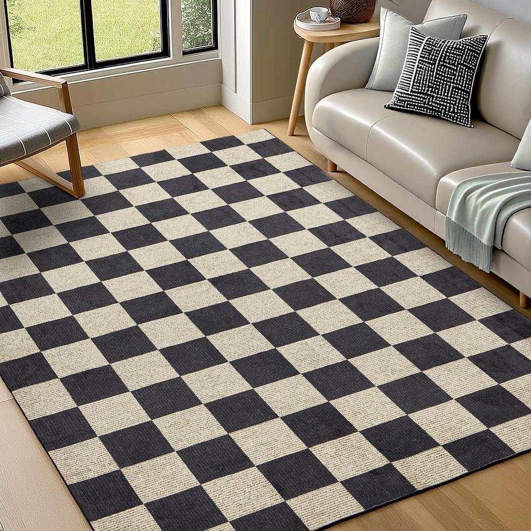 Washable Rug 5x7 Checkered Rug, Black and White Area Rug, Boho Large Rugs for Living Room, Low Pile Lightweight Indoor Carpet with Non-Slip Backing for Bedroom Classroom Playroom Kids