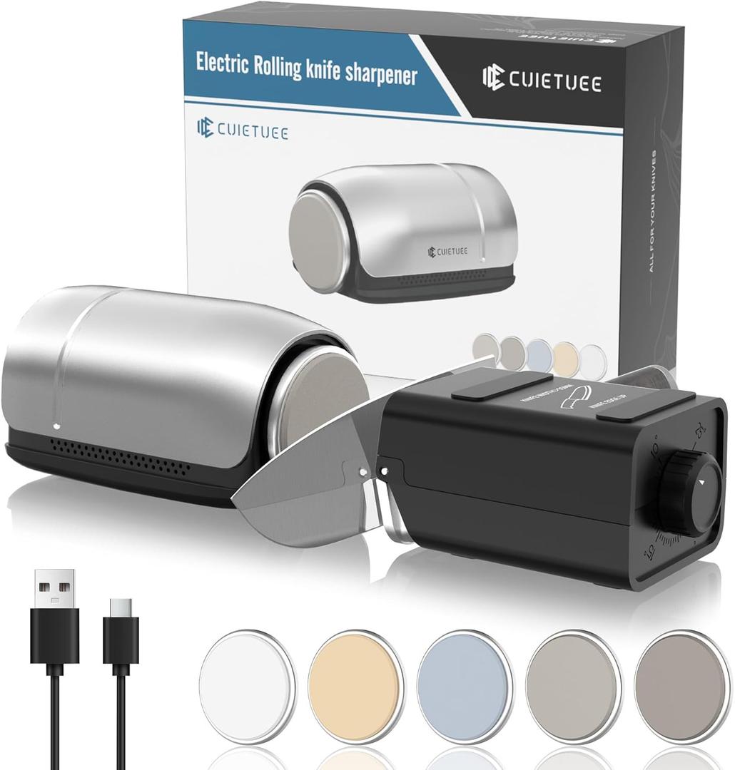 Upgraded Roller Knife Sharpener Kit | Electric Knife Sharpener with 5 Premium Discs & 10-25Precision Djust | Automatic Cordless Sharpener for Kitchen Knife | for Polishing of All Straight-edged Tool