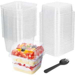 YOIYINI 25Pcs 8oz Mini Square Clear Dessert Cups with Lids and Spoons,Plastic Ice Cream Containers,Fruit Cups with Lid for Party,Disposable Dessert Cups for Fruit,Salads,Cupcakes,Parfait,Pudding