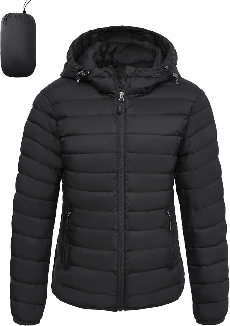 Womens Puffer Jacket Lightweight Packable Winter Light Coat Full-Zip Hooded Outerwear for Travel (Black, S)