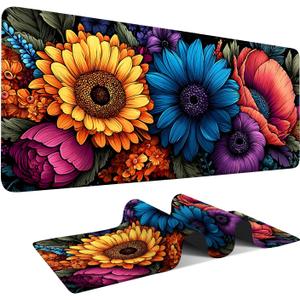 Spring Flowers Extended Gaming Mouse Pad 35.4x15.7Inch Large Desk Mat Anti-Slip Rubber Base & Durable Stitched Edges for Gamers Smooth Mouse Writing Surface for Desk Office/Home