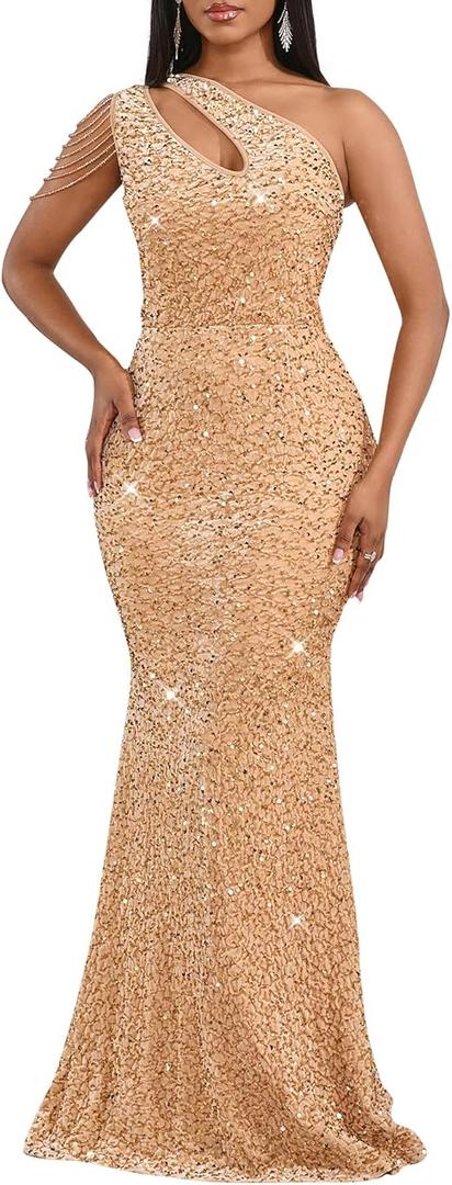 Women Sequin Elegant Sexy One Shoulder Tassel Mermaid Bodycon Cocktail Evening Dress