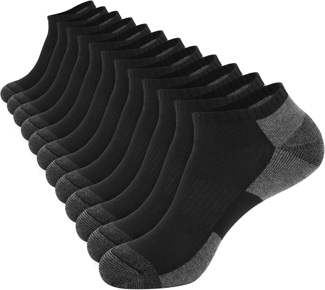 COOPLUS 12 Pack Mens Cushioned Ankle Socks, Low Cut Breathable Casual Socks (Shoe Size 6-11) (12 Pairs Black)