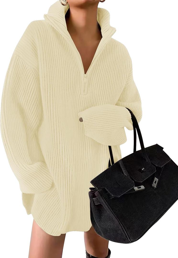 ZESICA Womens Fall Long Sleeve Sweater Dress Casual Quarter Zip Oversized V Neck Collared Knit Pullover Mini Dresses (S)