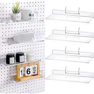Lounsweer 4 Set Pegboard Shelf Clear Acrylic with Metal Hooks Organizer Accessories Storage for Pegboard Display Wall Craft Room Home Garage Nursery Kitchen Workbench(L Shape,12 x 4 Inch)