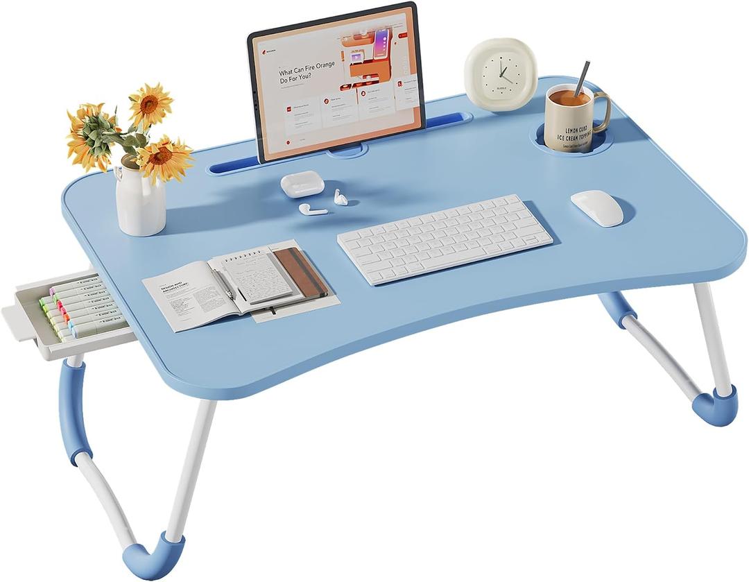 Lap Desk Bed Trays for Eating and Laptops Breakfast in Bed Tray for Sofa/Couch/Study/Reading/Writing with Cup Holder/Drawer On Low Sitting Floor Large Portable Foldable (Blue)