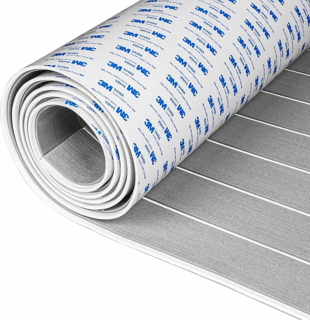 OCEANBROAD EVA Foam Boat Flooring with 3M Adhesive Backing Marine Self-Adhesive Decking 96''x45.6''/36''/28.8''/16.8'', 48''x16.8'' Faux Teak Sheet for Jon Boats Swim Platform Helm Pad RV Floor (Gray with White Seam Lines)