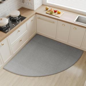 Corner Kitchen Rugs Non Slip Washable, Rubber Backed Circular Sector Kitchen Mats for Floor, Super Absorbent Imitation Linen Braided Kitchen Floor Mat for Sink Corner Areas (Gray, Radius 55")