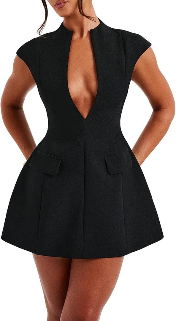 LuFeng Women's Summer Sexy Cap Sleeve Deep V Neck Zipper A-line Mini Dress Hollow Bodycon Night Out Party Dress, M