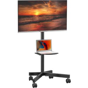 Mobile TV Carts on Wheels for 21-60 Inch Flat/Curved Panel Screens TVs - Height Adjustable Floor Trolley Stand with Shelf Holds up to 77lbs - Max VESA 400x400mm (Black)