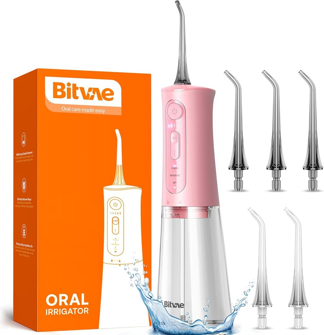 Bitvae Water Dental Flosser Teeth Picks, Cordless Portable Oral Irrigator, Powerful and Rechargeable Oral Irrigator, Brace Care, IPX7 Waterproof Water Dental Picks for Cleaning, Quartz Pink