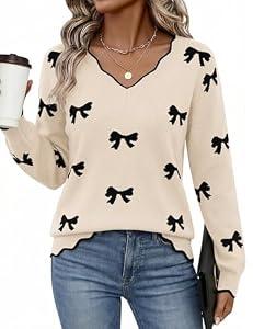 LaGracia Womens Fall V Neck Sweater 2026 Lightweight Casual Long Sleeve Ribbed Knit Pullover Sweaters Dressy Fall Outfits Apricot Bow Small