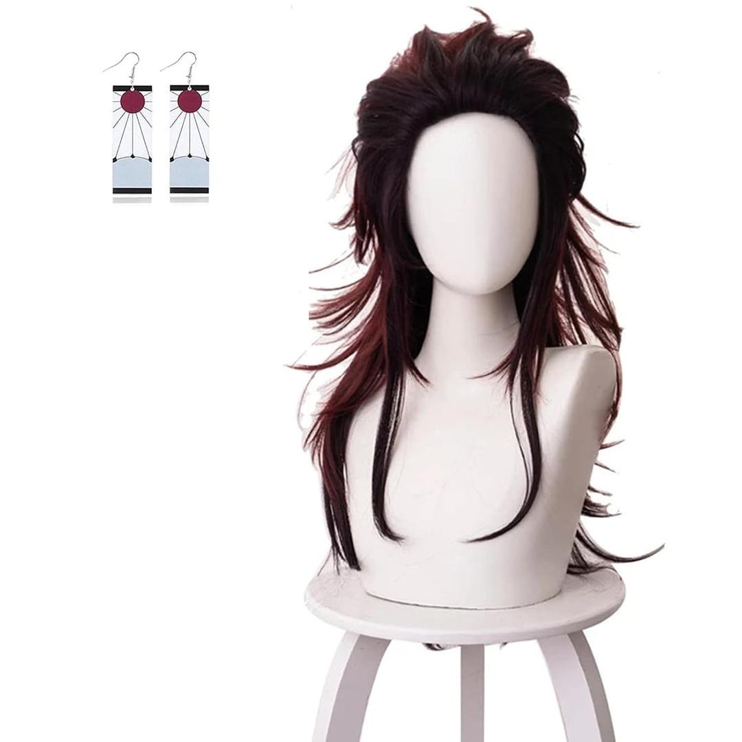 Adecors Tanjiro Cosplay Wig Female Long for Demon Slayer Kimetsu No Yaiba Wig with Earrings Markings for Anime Cosplay, rose