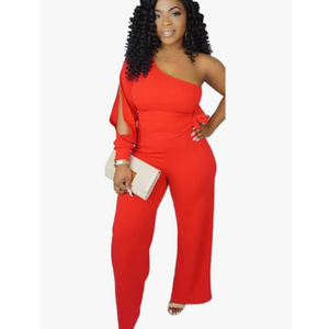 Women's Sexy One Shoulder Slit Sleeve High Waist One Piece Pant Outfit Wide Leg Jumpsuit Romper. Size L