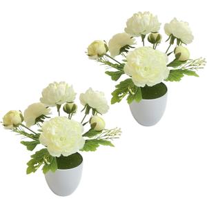 Artificial Flowers Fake Ranunculus in Pot, 2 Packs Small Faux Silk Flowers for Home Decor Indoor, Realistic Flower Centerpieces for Tables (White)