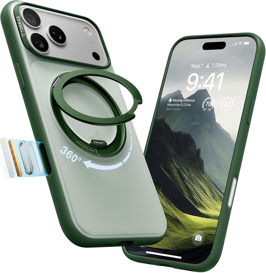 TORRAS 360 Magnetic Stand for iPhone 17 Pro Case, Ostand 3.0[Fit for MagSafe][4X Mil-Grade Shockproof] Rotatable Kickstand Protective Cover, Camera Control Button, Translucent Pine Green, O3 Fitness