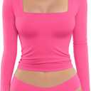 MANGOPOP Women's Square Neck Top Double Lined Short Sleeve Long Sleeve T Shirt Fitted Seamless Tee (Pink, XS)