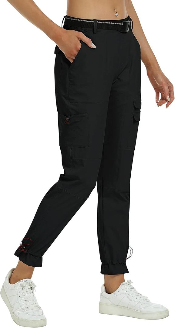 MoFiz Womens Outdoor Cargo Pants Hiking Sweatpants Quick Dry Lightweight Water Resistant Climbing Travel Elastic Waist with Pockets Black L