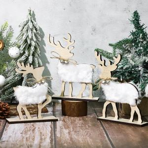 COCHIE Cute Christmas Tiered Tray Decor Indoor, Wooden Reindeer Christmas Tabletop Decorations and Xmas Tree Centerpiece, Reindeer Sign Standing Elk Decor for Home Party Decorations (Fur)