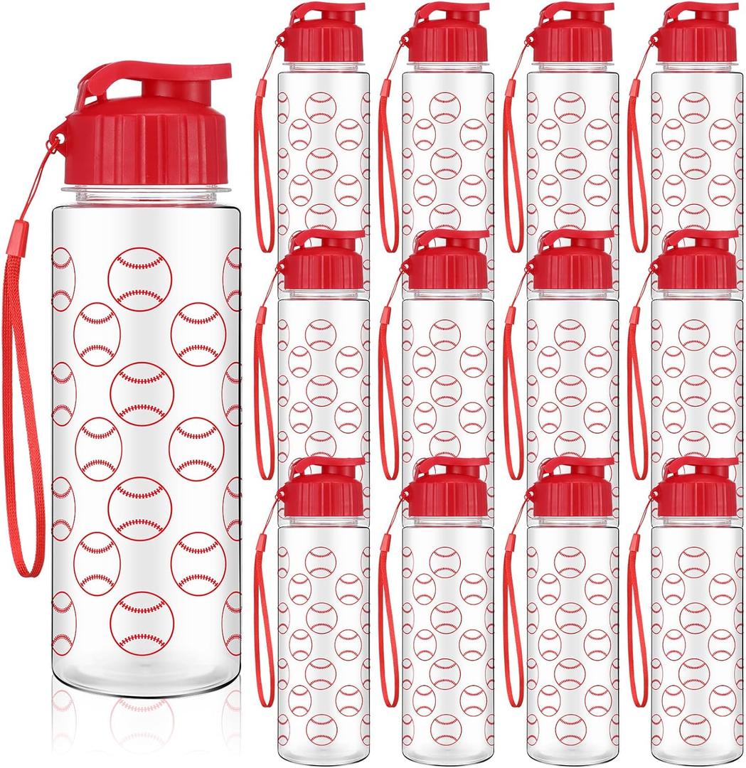 12 Pcs 17 oz Baseball Sports Bottles with Leak Proof Flip Top, Reusable Plastic Water Bottles for Baseball Team Gift Accessories, Sports Party Favors Supplies (Red)