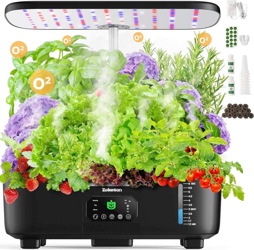 Misting Hydroponic Growing System Kit 15Pods Indoor Smart Herb Garden Planter with LCD Touch Panel 6L Large Tank for Herb/Vegetables/Flowers/Fruits,Gardening Gifts for Women Men BeginnersBlack