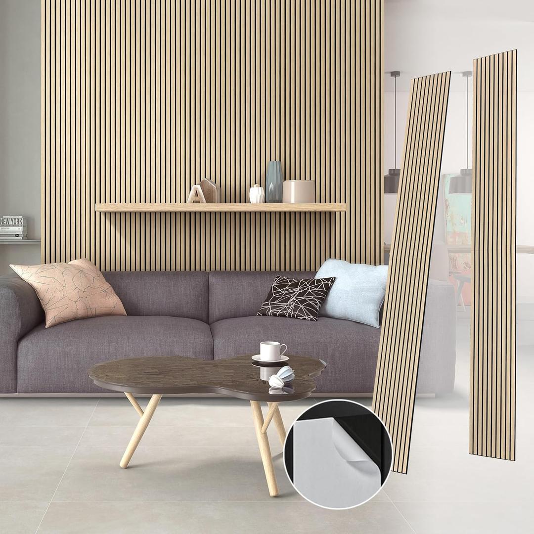 Kieacia Wood Acoustic Wall Panels, Peel and Stick 3D Slat Accent Panel for Interior Decor, 2 Pieces, 94.5 11.8 Inch Wainscoting Soundproof Wooden Panel for Living Room, Bedroom, Oak