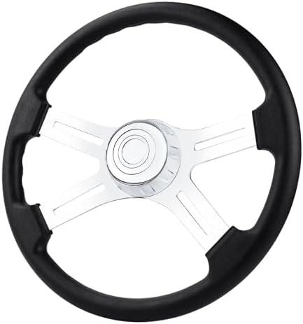 QYMOPAY 18" PU Leather Truck Steering Wheel, 4-spoke Aluminium Chrome Truck Steering Wheel for Semi-Trailers, Trucks